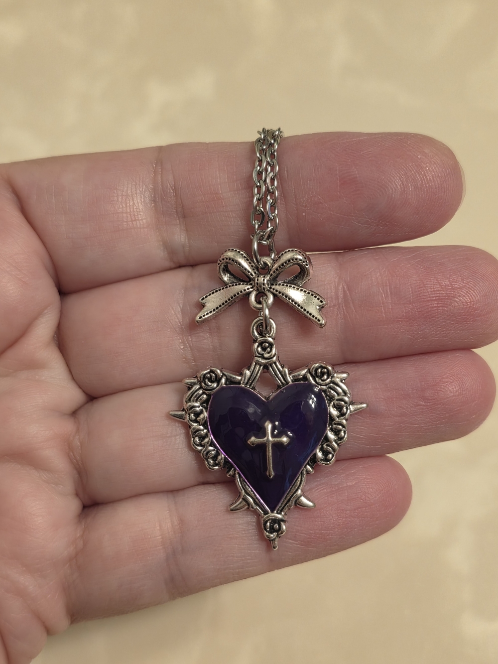Silver Bow & Purple Heart Gothic Style Cross Pendant Necklace